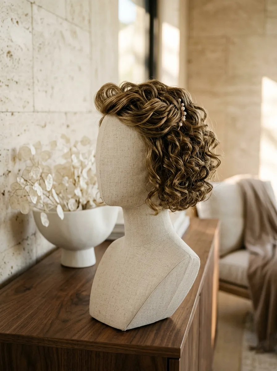 Backward Swept Bangs bridal hairstyle idea for short curly hair wedding hairstyles to copy now with elegant textured finish