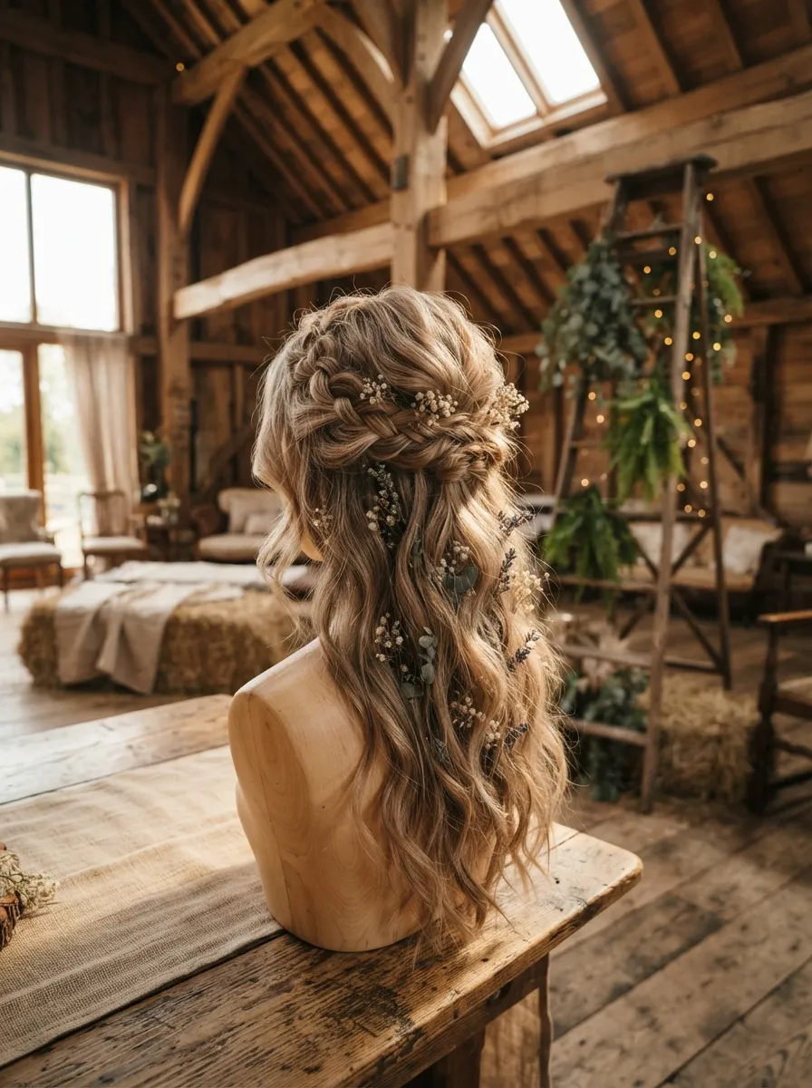 Barn Wedding Half Up bridal hairstyle idea for western wedding hairstyles for a rustic, chic bride with elegant textured finish