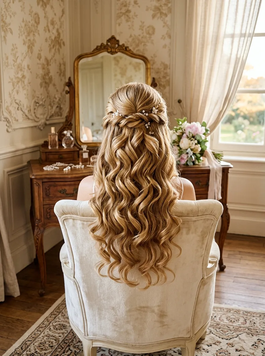 Barrel Curl Cascade: Loose curl bridal hairstyle idea for loose curl wedding hairstyles for soft bridal waves with elegant textured finish