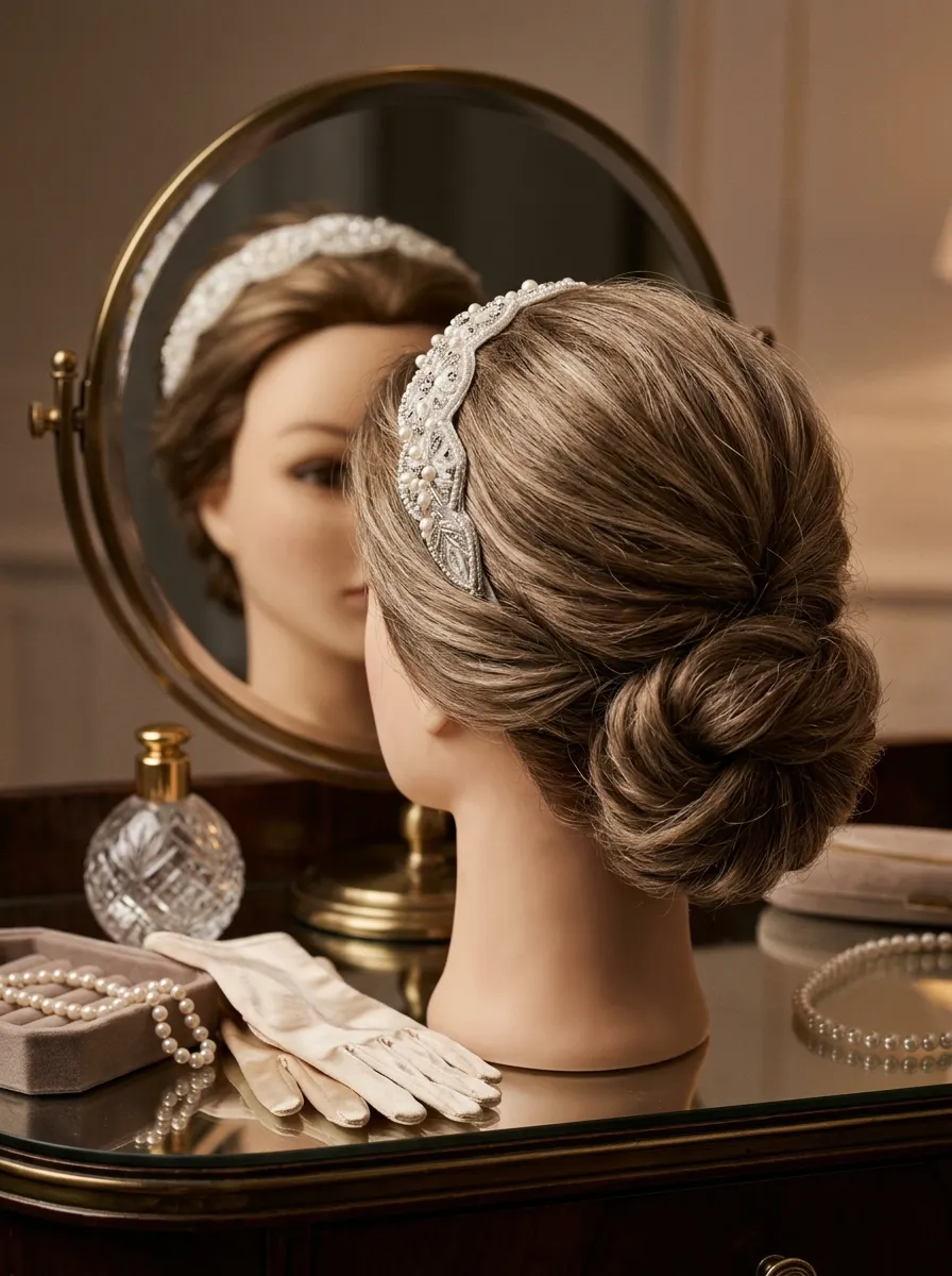 Beaded Headband Style bridal hairstyle idea for wedding hairstyles for chubby face brides will love with elegant textured finish