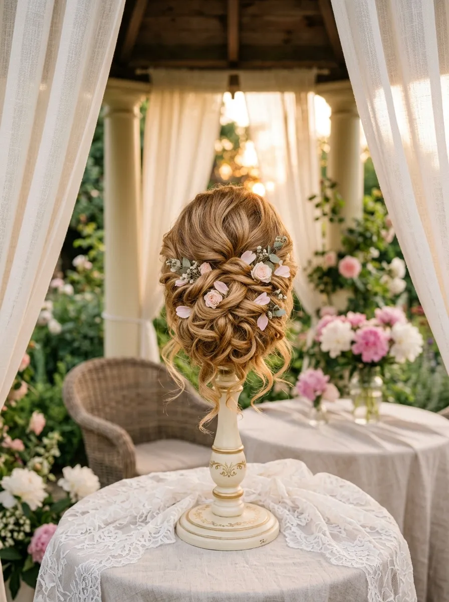 Blush Toned Updo bridal hairstyle idea for romantic updo wedding hairstyles for your big day with elegant textured finish
