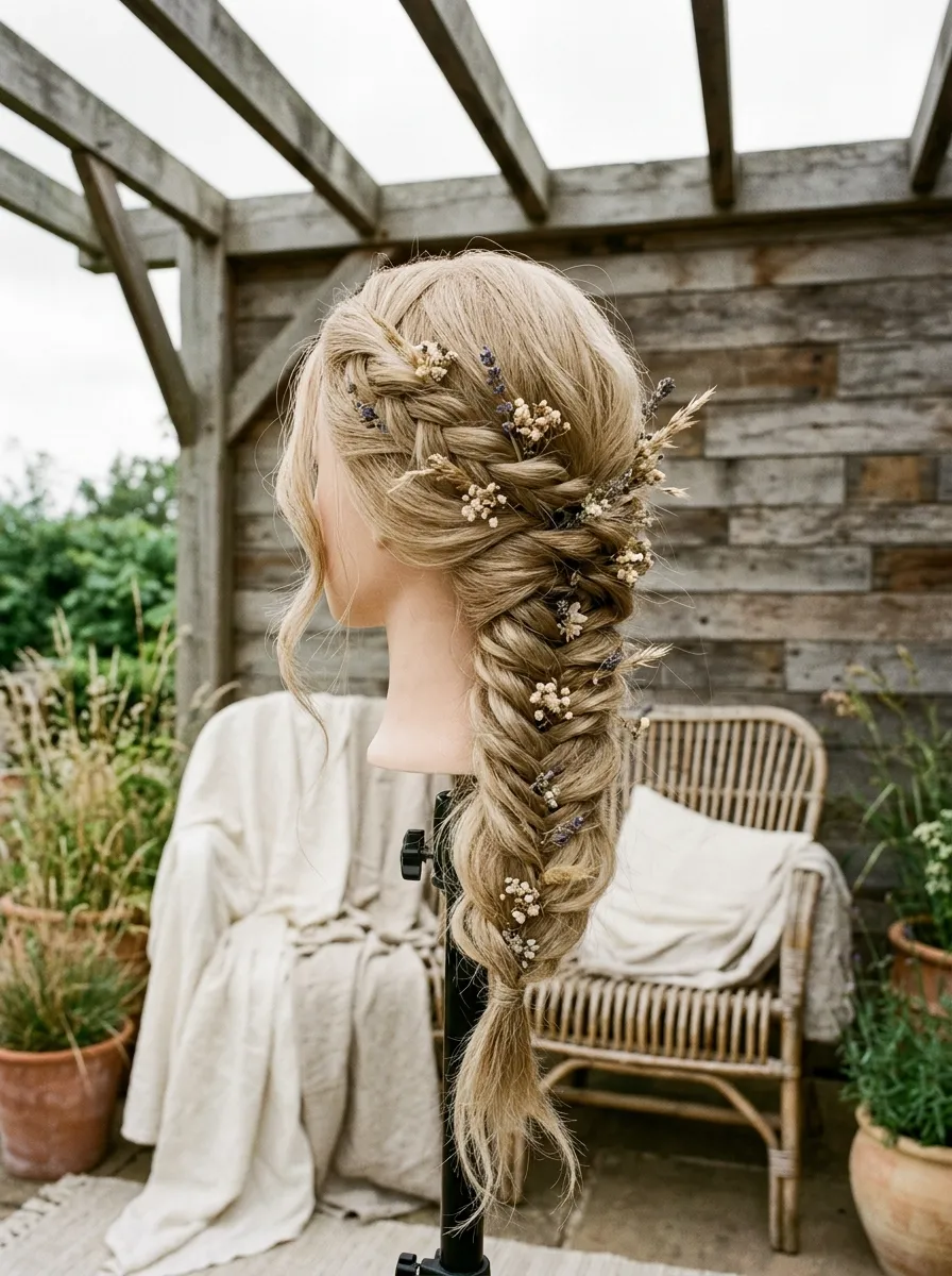 Boho Fishtail Braid bridal hairstyle idea for long layered hair wedding hairstyles to try now with elegant textured finish