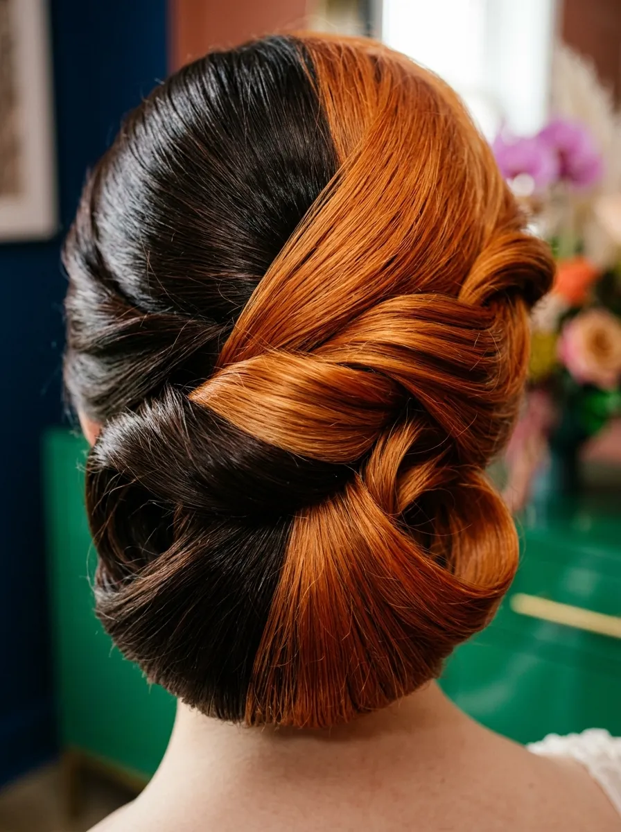 Bold Color Block Updo bridal hairstyle idea for bold wedding hairstyles for a truly confident bride with elegant textured finish