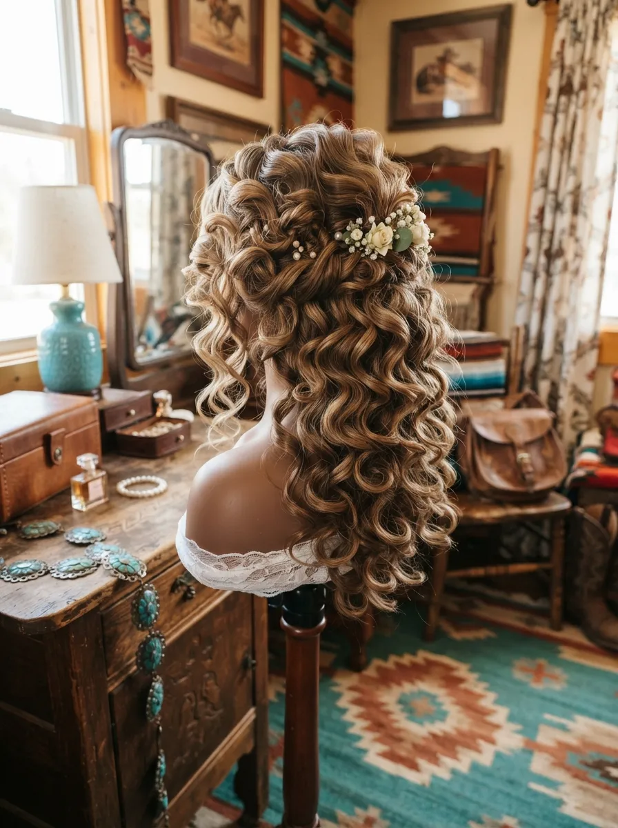 Boot Scootin Curls bridal hairstyle idea for western wedding hairstyles for a rustic, chic bride with elegant textured finish