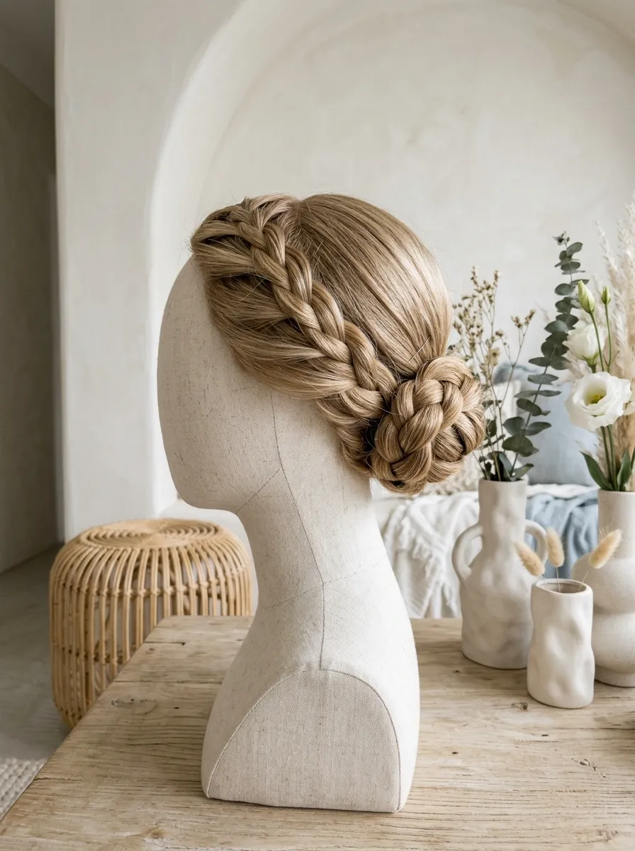 Braided Bun Look bridal hairstyle idea for humid weather wedding hairstyles that never frizz with elegant textured finish