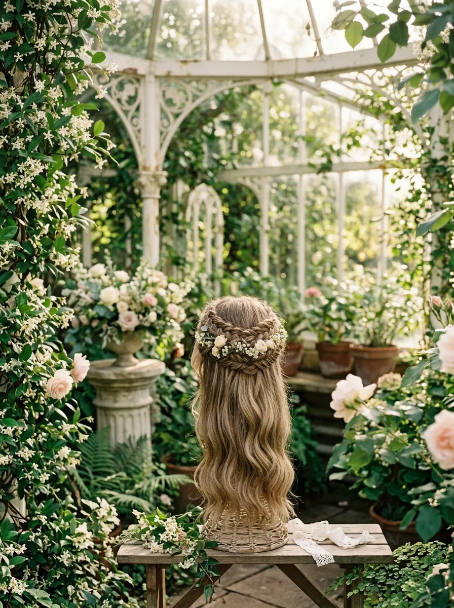 Braided Crown Style bridal hairstyle idea for long layered hair wedding hairstyles to try now with elegant textured finish