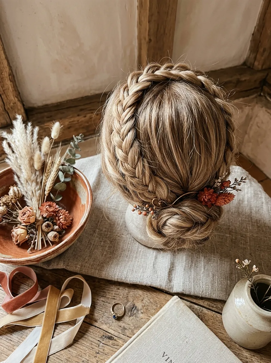 Braided Crown Twist bridal hairstyle idea for fine hair wedding hairstyles that add volume fast with elegant textured finish