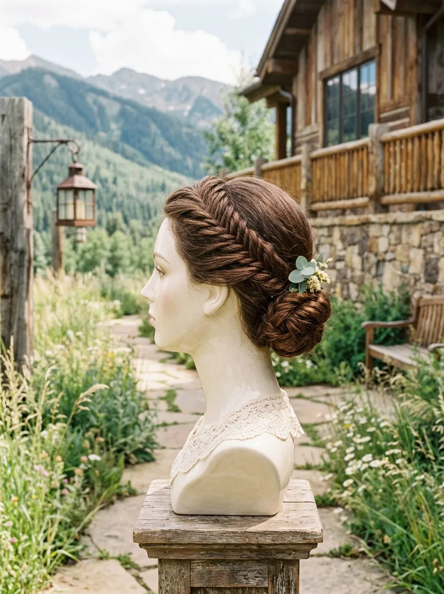 Braided Side Chignon bridal hairstyle idea for outdoor wedding hairstyles that survive the wind with elegant textured finish