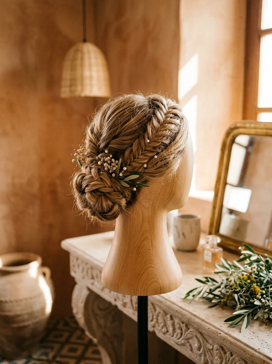 Braided Updo Party Style bridal hairstyle idea for reception wedding hairstyles to dance the night away with elegant textured finish