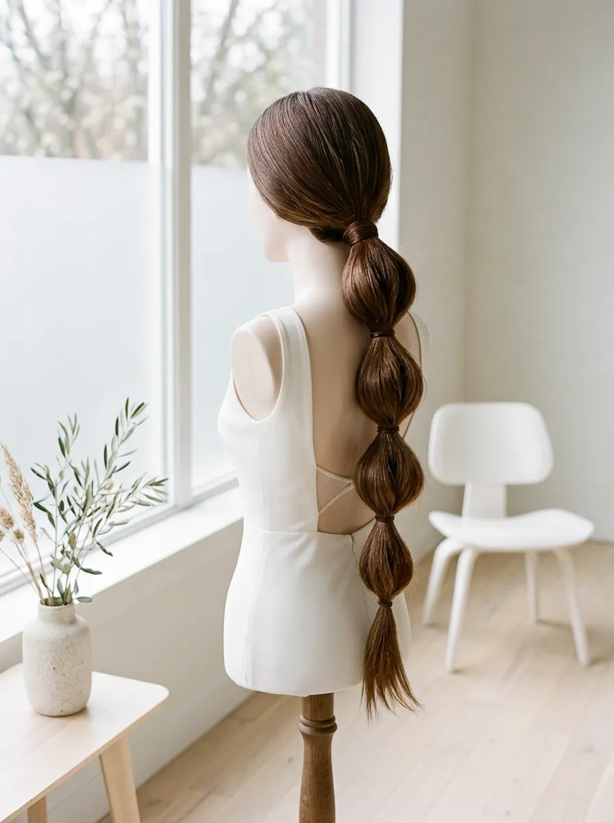 Bubble Low Pony bridal hairstyle idea for sleek low ponytail wedding hairstyles to copy now with elegant textured finish