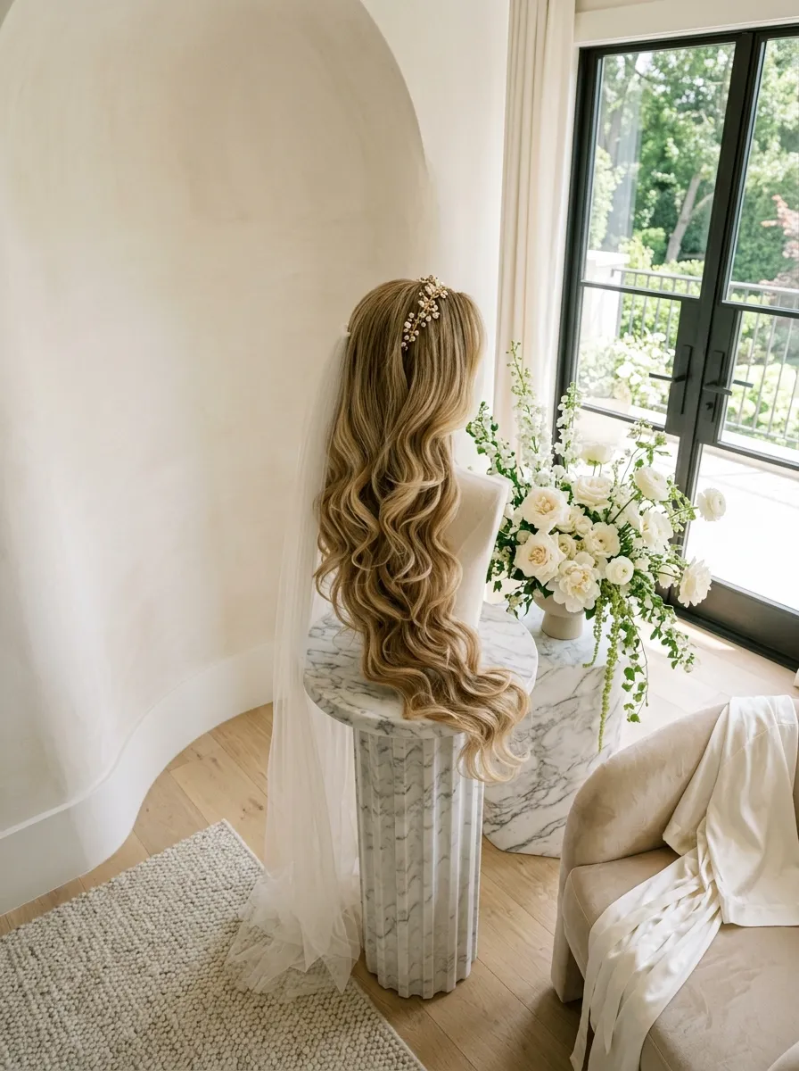 Cascading Curls for Long Layered Hair bridal hairstyle idea for long layered hair wedding hairstyles to try now with elegant textured finish