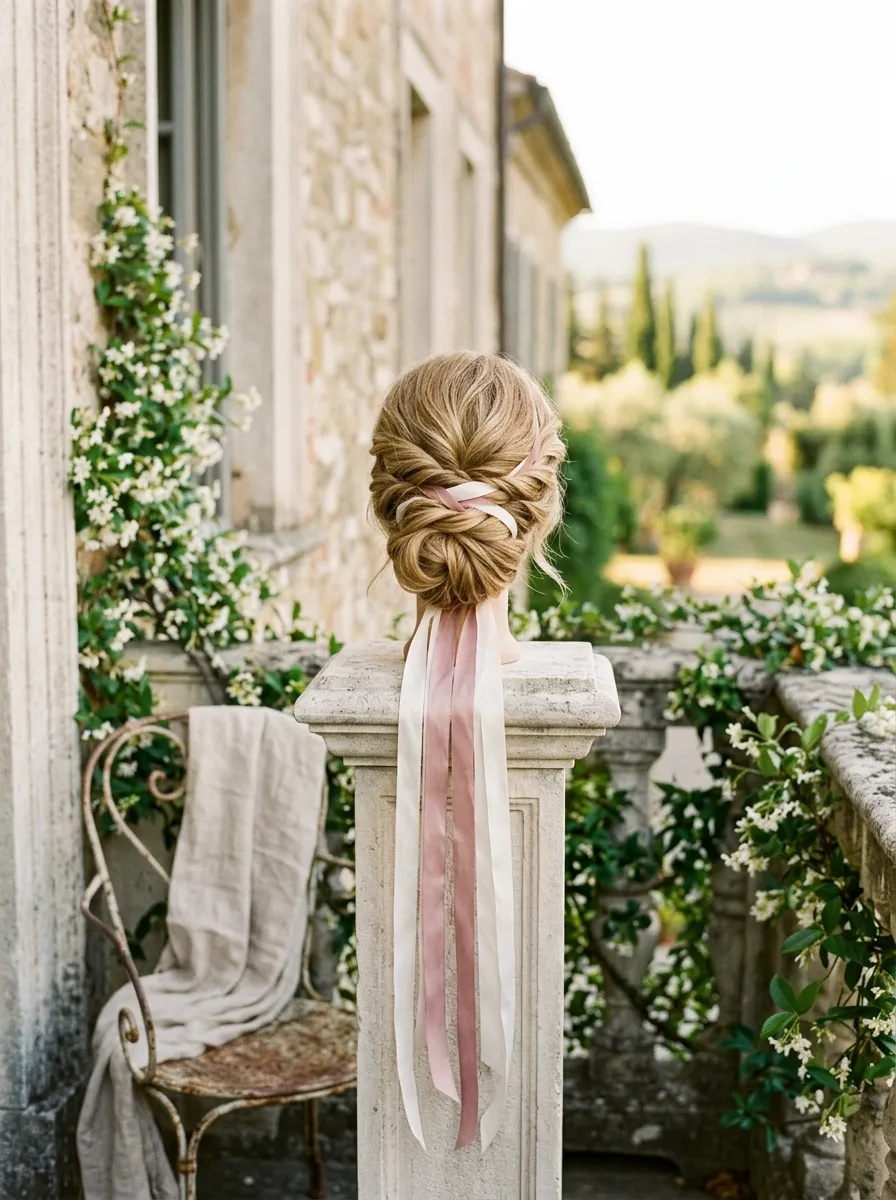 Cascading Ribbon Updo bridal hairstyle idea for romantic updo wedding hairstyles for your big day with elegant textured finish