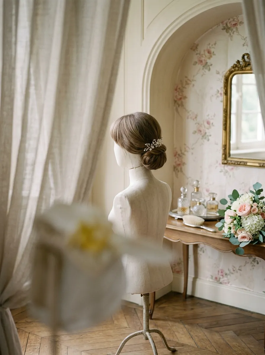 Chignon With Bangs bridal hairstyle idea for chignon wedding hairstyles for a classic bride look with elegant textured finish