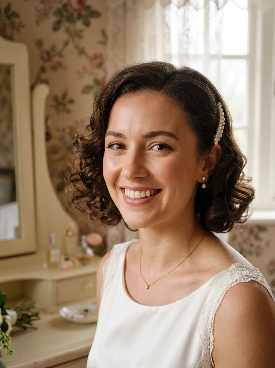 Chin Grazing Curls bridal hairstyle idea for medium length wedding hairstyles for any bride with elegant textured finish