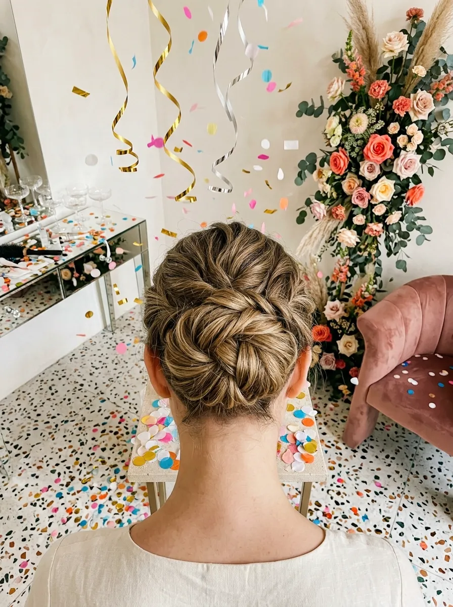 Confetti Proof Updo bridal hairstyle idea for reception wedding hairstyles to dance the night away with elegant textured finish