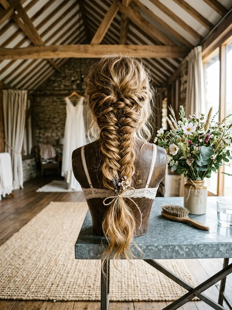 Country Fishtail Braid bridal hairstyle idea for western wedding hairstyles for a rustic, chic bride with elegant textured finish