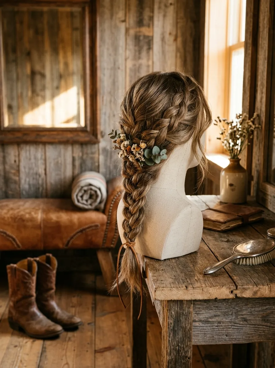 Cowgirl Braid Style: Western bridal hairstyle idea for western wedding hairstyles for a rustic, chic bride with elegant textured finish