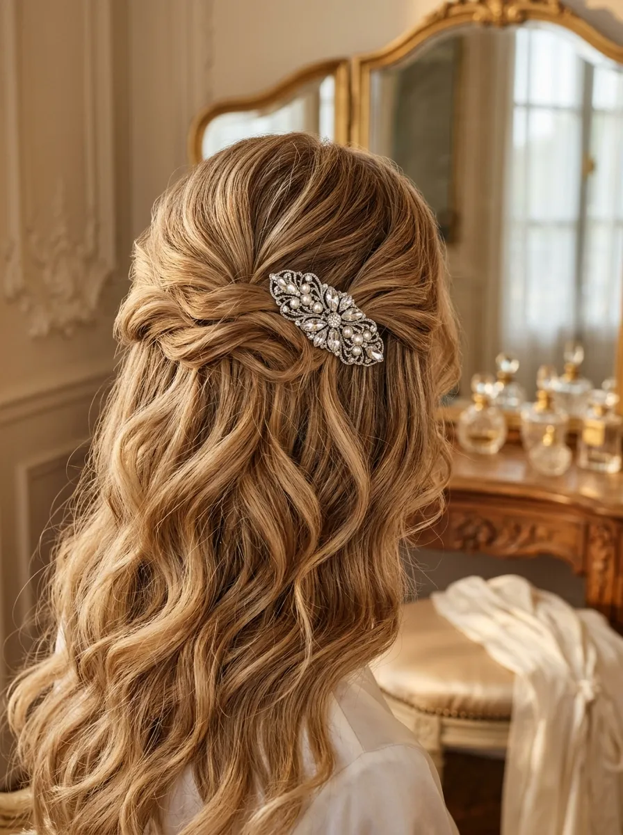 Crystal Clip Accent bridal hairstyle idea for soft glam wedding hairstyles for a radiant bride with elegant textured finish