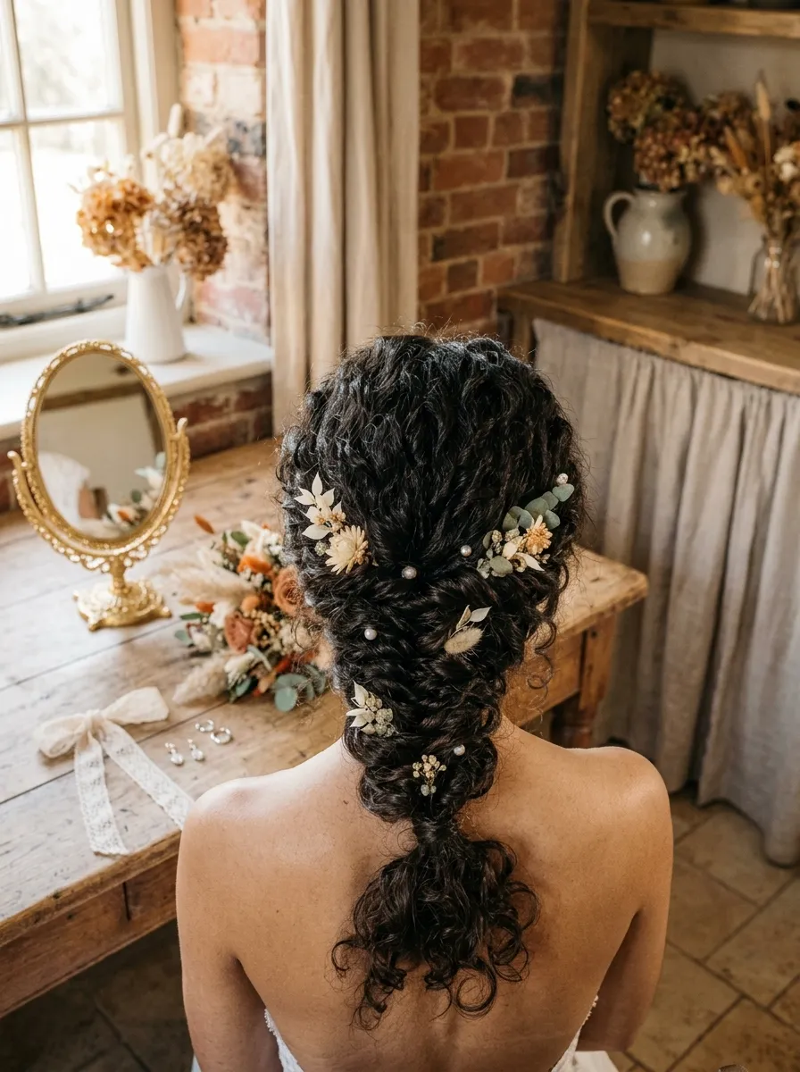 Curly Fishtail Braid bridal hairstyle idea for short curly hair wedding hairstyles to copy now with elegant textured finish