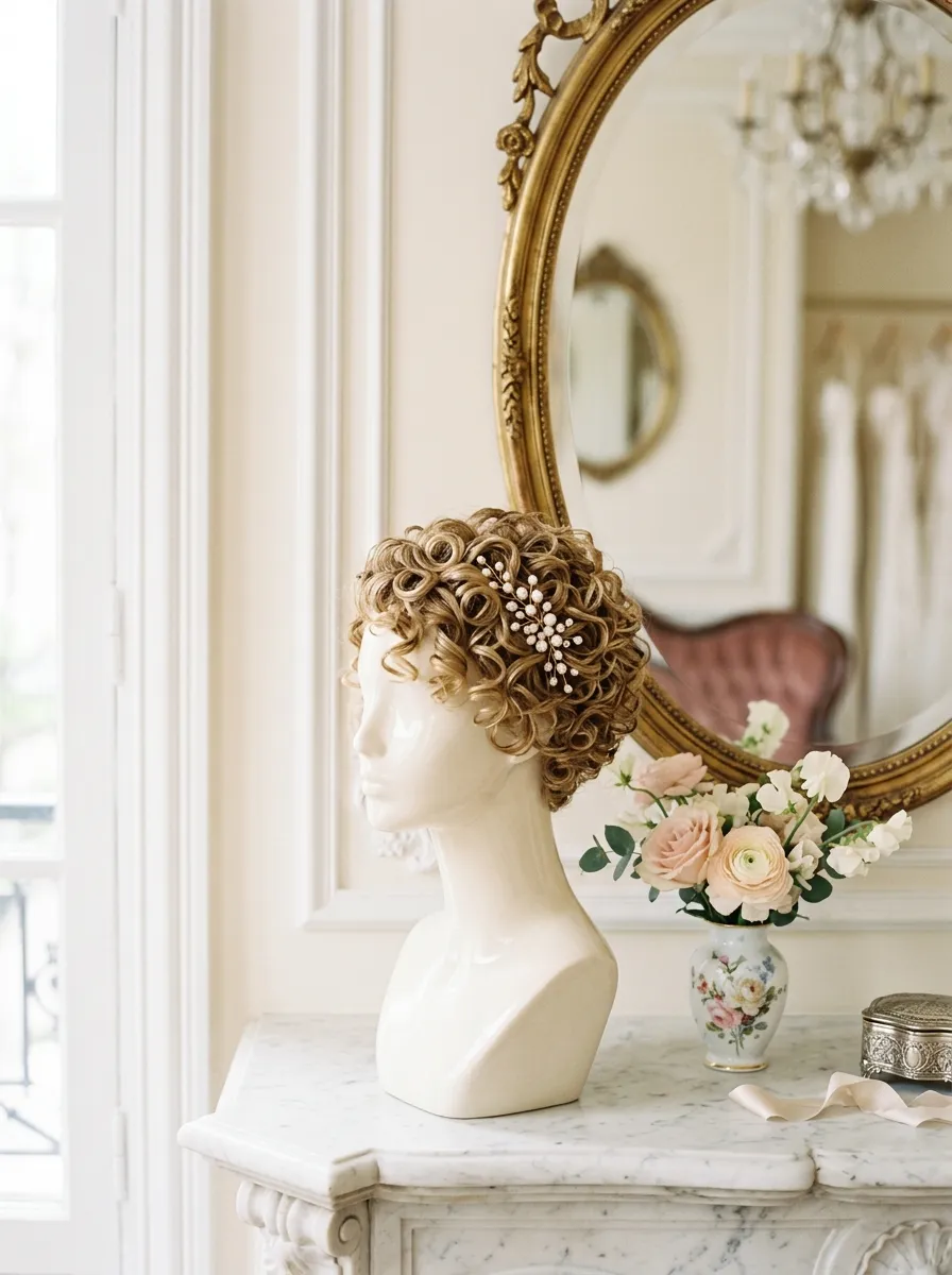 Curly Pixie Style bridal hairstyle idea for short curly hair wedding hairstyles to copy now with elegant textured finish