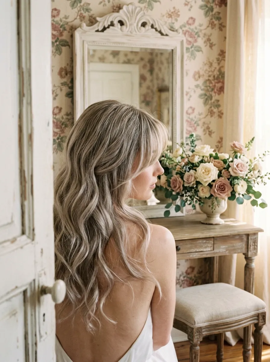 Curtain Bangs Style bridal hairstyle idea for wedding hairstyles for chubby face brides will love with elegant textured finish