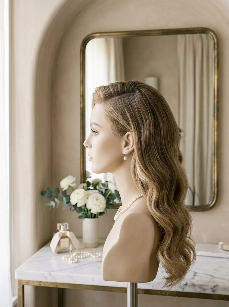 Deep Side Part bridal hairstyle idea for wedding hairstyles for chubby face brides will love with elegant textured finish