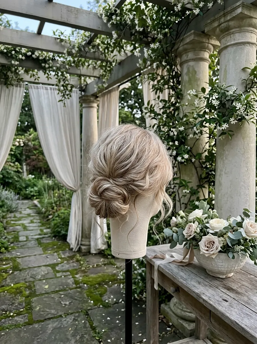 Delicate Wisp Chignon bridal hairstyle idea for chignon wedding hairstyles for a classic bride look with elegant textured finish