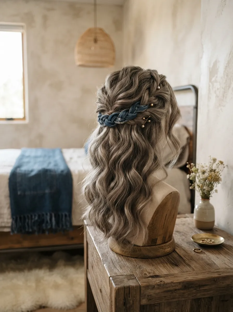 Denim Rustic Waves bridal hairstyle idea for western wedding hairstyles for a rustic, chic bride with elegant textured finish
