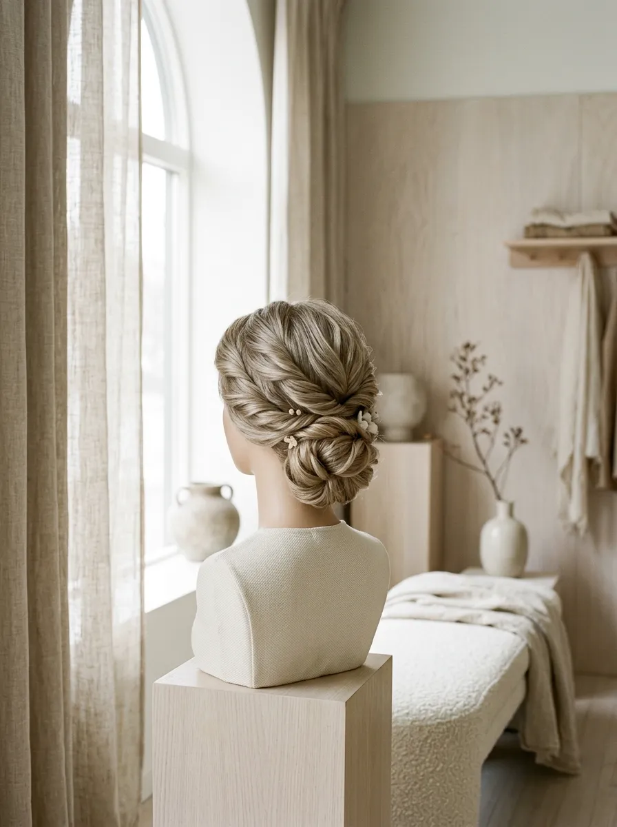 Double Twist Updo bridal hairstyle idea for twisted wedding hairstyles that look high-end chic with elegant textured finish