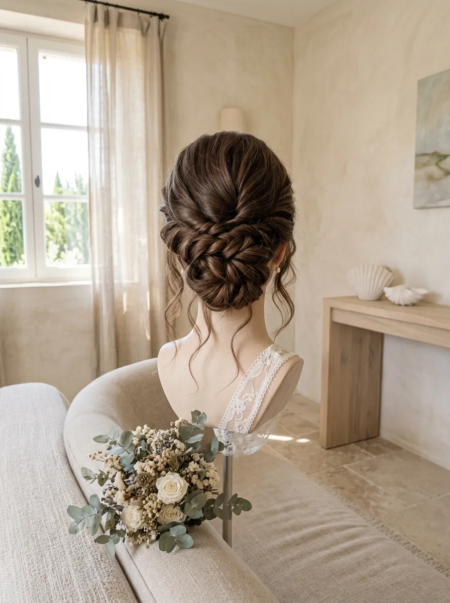 Dreamy Twist Knot bridal hairstyle idea for romantic updo wedding hairstyles for your big day with elegant textured finish