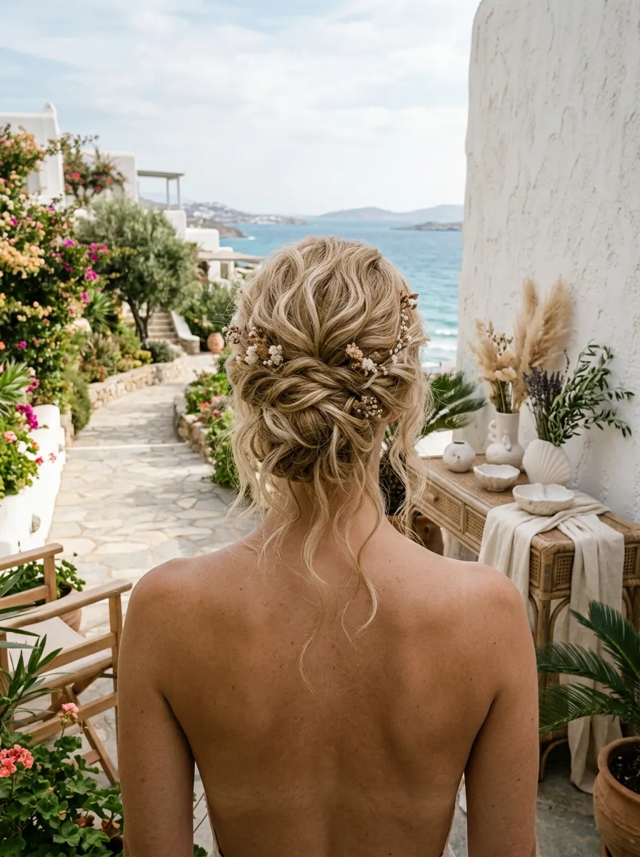 Effortless Wave Updo bridal hairstyle idea for natural wave wedding hairstyles for effortless glam with elegant textured finish