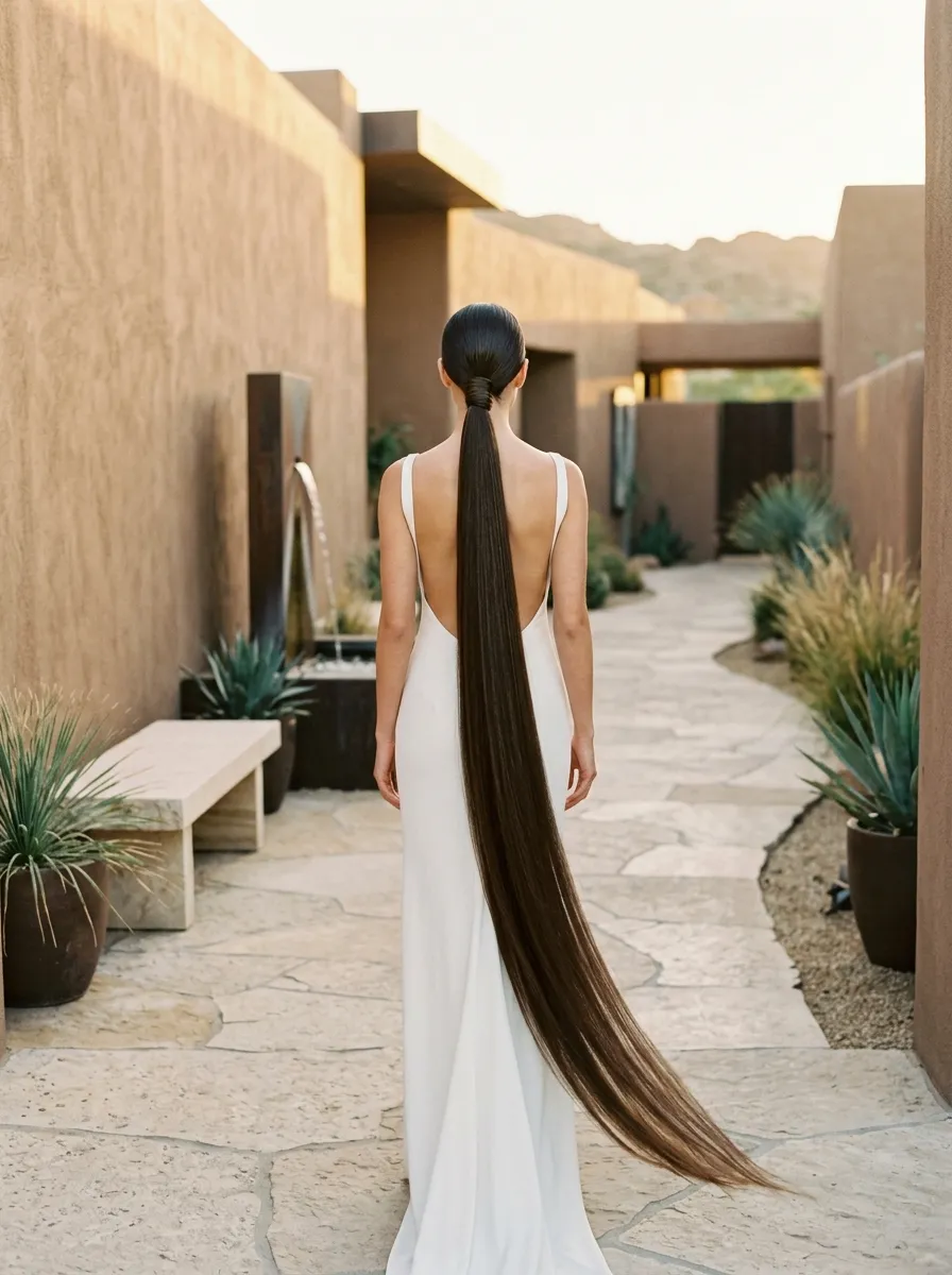 Elongated Sleek Low Ponytail bridal hairstyle idea for sleek low ponytail wedding hairstyles to copy now with elegant textured finish