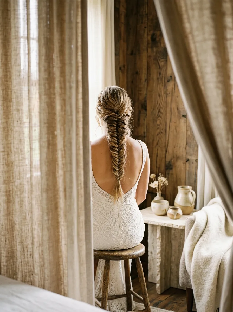 Fishtail Braid Down bridal hairstyle idea for soft glam wedding hairstyles for a radiant bride with elegant textured finish