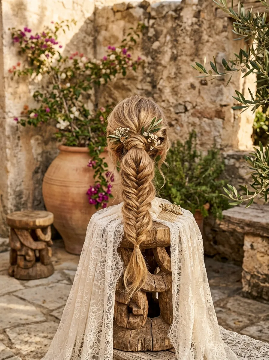 Fishtail Braid Ponytail bridal hairstyle idea for long layered hair wedding hairstyles to try now with elegant textured finish