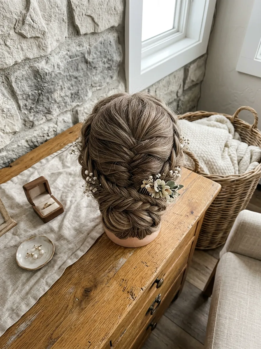 Fishtail Braid Updo bridal hairstyle idea for wedding hairstyles for chubby face brides will love with elegant textured finish