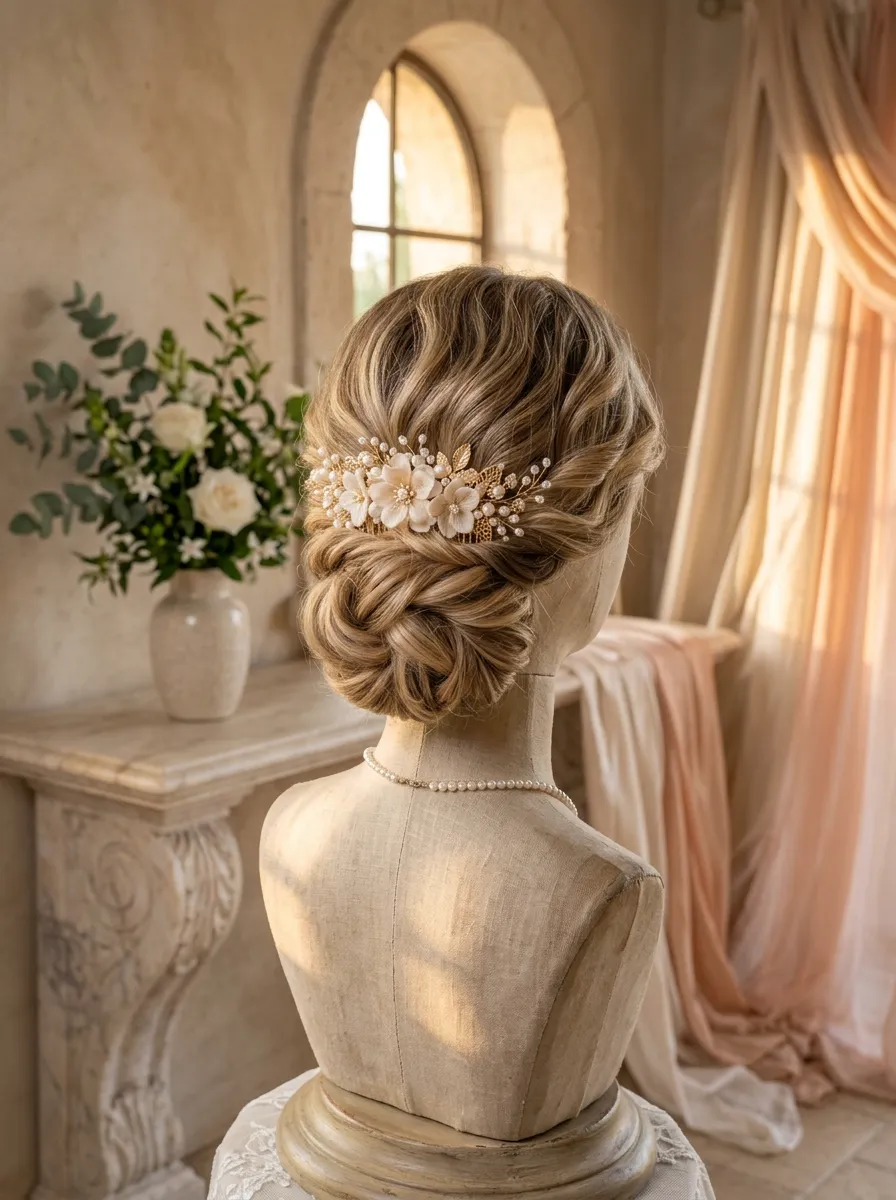 Floral Comb Accent bridal hairstyle idea for long layered hair wedding hairstyles to try now with elegant textured finish