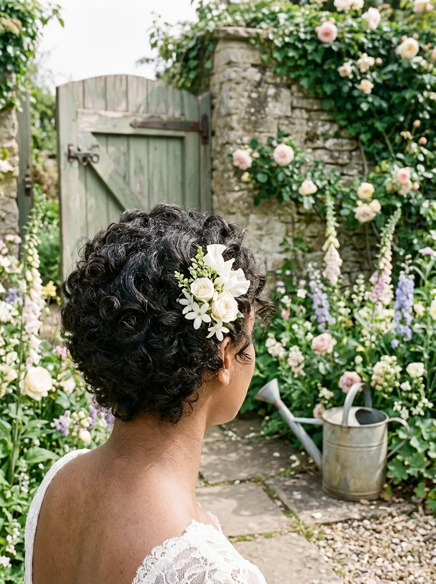 Floral Detail Accent bridal hairstyle idea for short curly hair wedding hairstyles to copy now with elegant textured finish