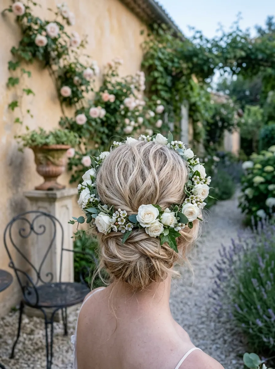 Flower Crown Accent bridal hairstyle idea for first time bride hairstyles to nail your big day with elegant textured finish