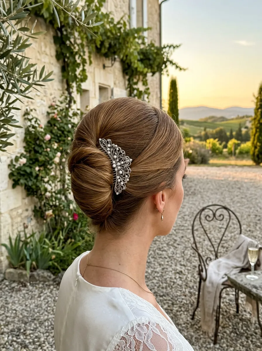 French Twist Bun bridal hairstyle idea for outdoor wedding hairstyles that survive the wind with elegant textured finish