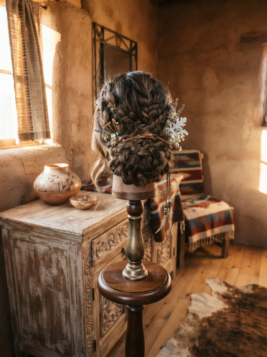Frontier Braided Bun bridal hairstyle idea for western wedding hairstyles for a rustic, chic bride with elegant textured finish