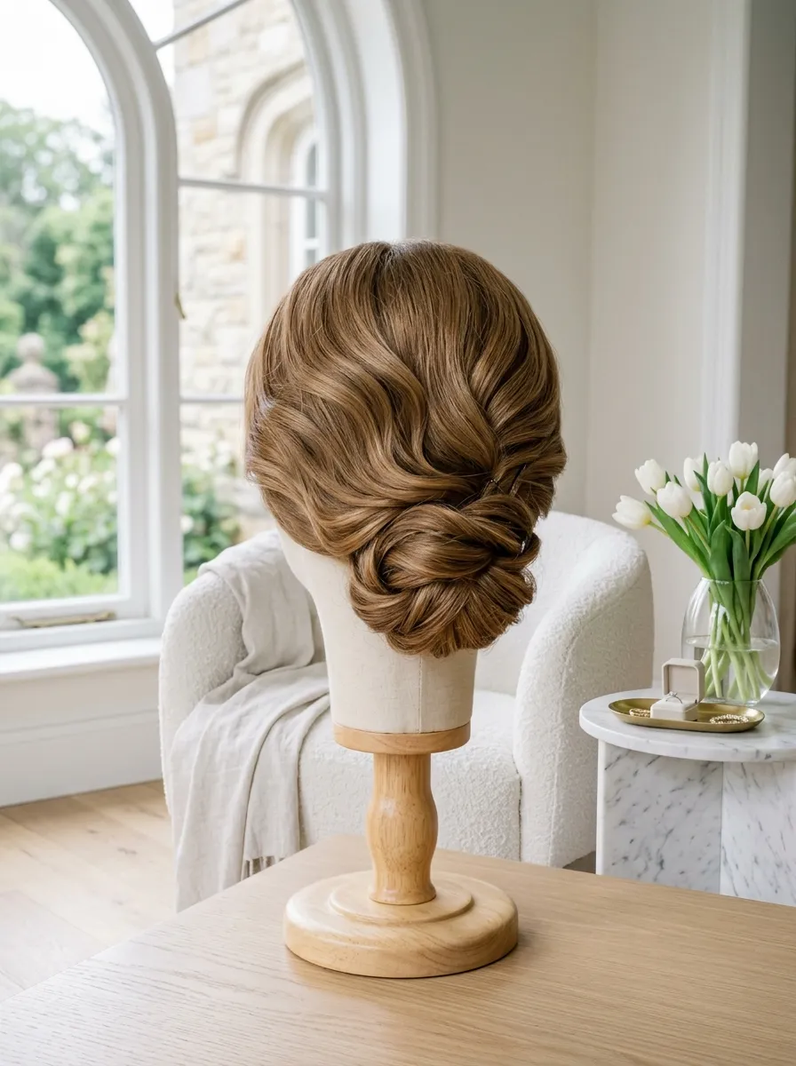 Gentle Wave Updo bridal hairstyle idea for romantic updo wedding hairstyles for your big day with elegant textured finish