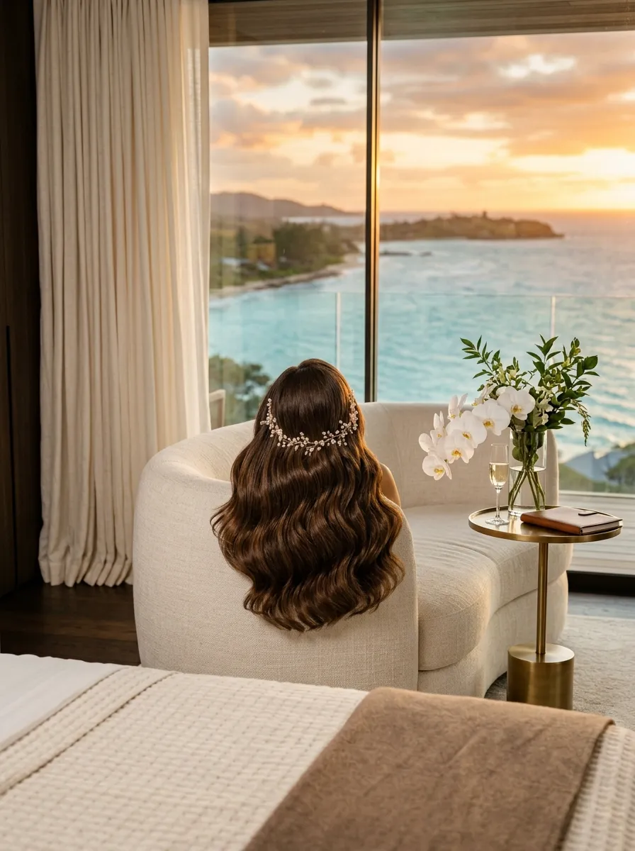 Getaway Glam Waves bridal hairstyle idea for destination wedding hairstyles that beat the heat with elegant textured finish