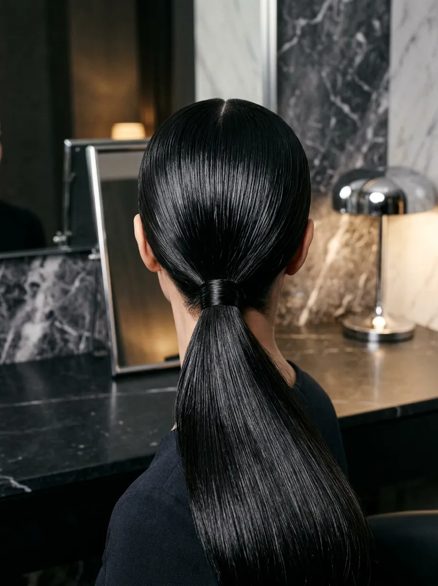 Glossy Low Pony bridal hairstyle idea for sleek low ponytail wedding hairstyles to copy now with elegant textured finish