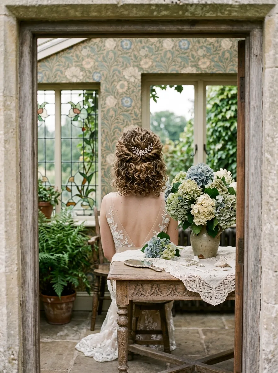 Half Up Twist bridal hairstyle idea for short curly hair wedding hairstyles to copy now with elegant textured finish