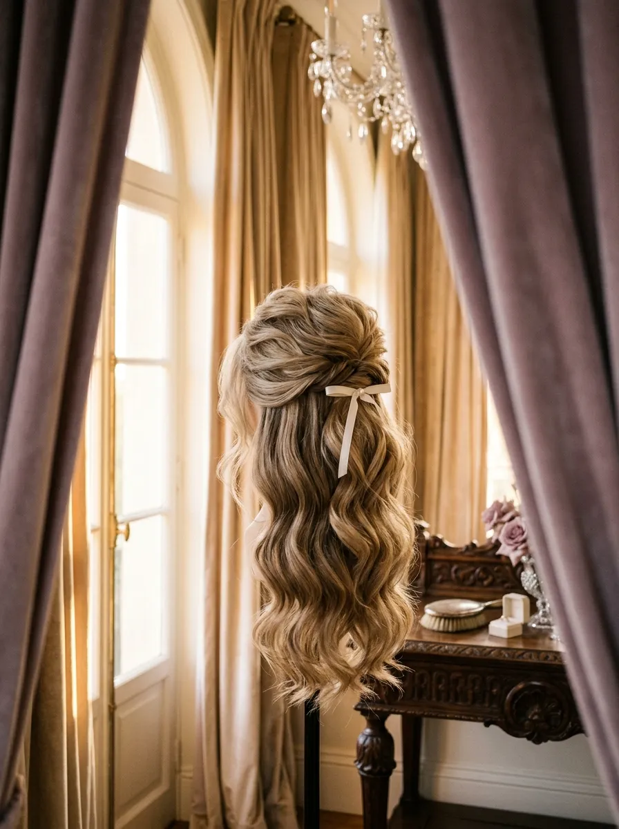 Half Up Volume bridal hairstyle idea for wedding hairstyles for chubby face brides will love with elegant textured finish