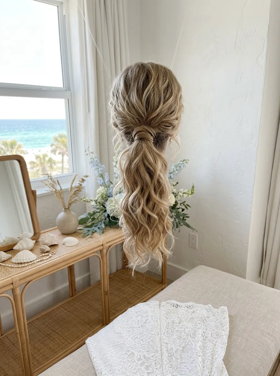Half Updo Style bridal hairstyle idea for casual wedding hairstyles for a laid-back bride with elegant textured finish