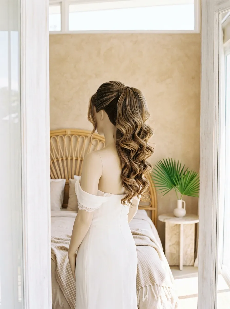 High Ponytail Curls bridal hairstyle idea for long layered hair wedding hairstyles to try now with elegant textured finish