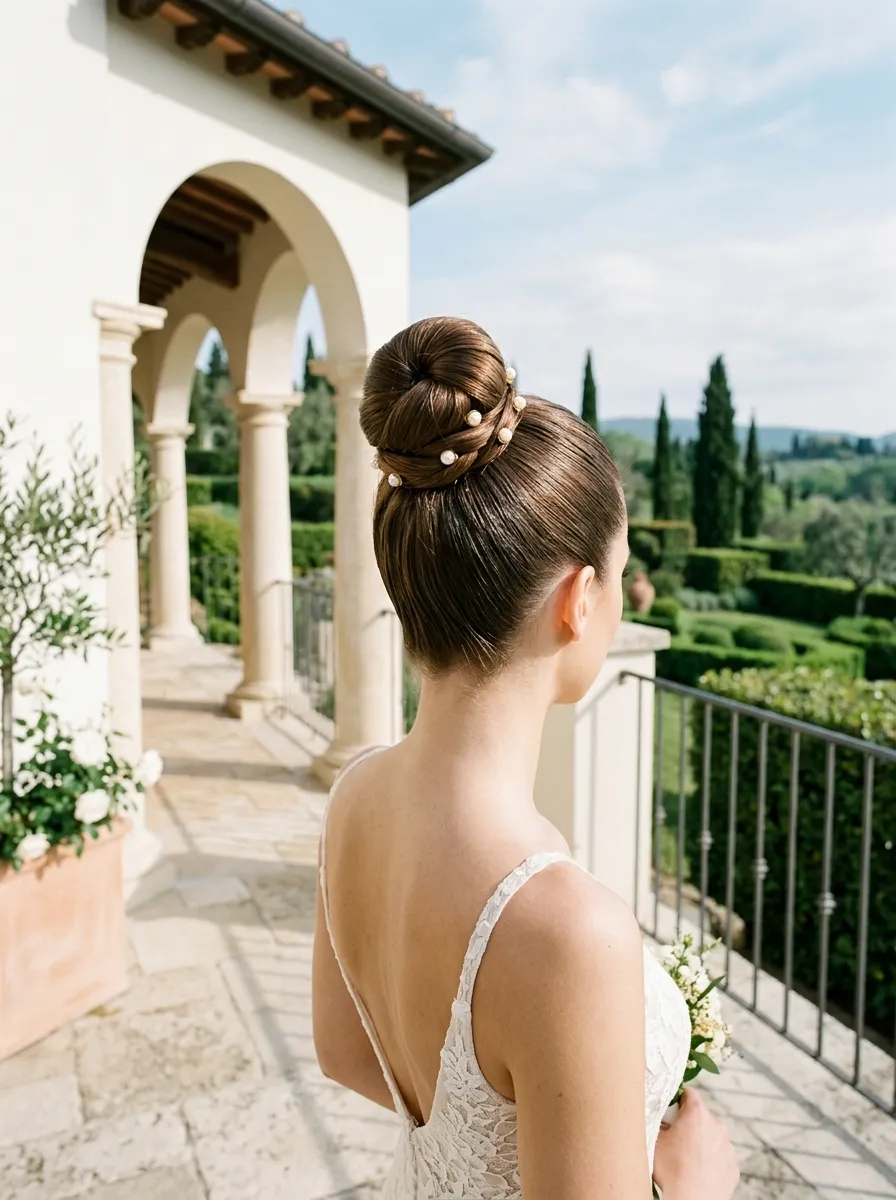 High Top Knot Outdoor bridal hairstyle idea for outdoor wedding hairstyles that survive the wind with elegant textured finish