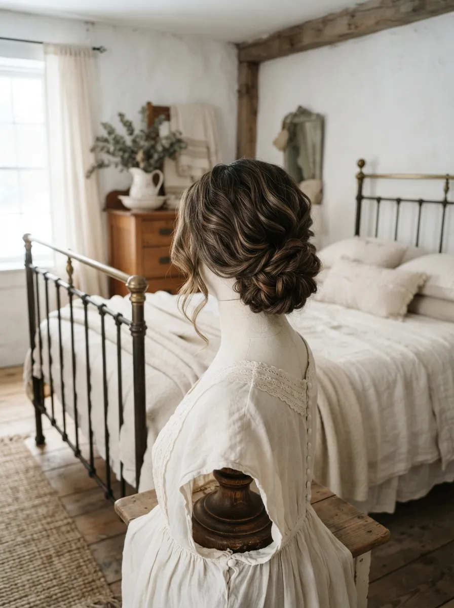 Homestead Chignon Style bridal hairstyle idea for western wedding hairstyles for a rustic, chic bride with elegant textured finish