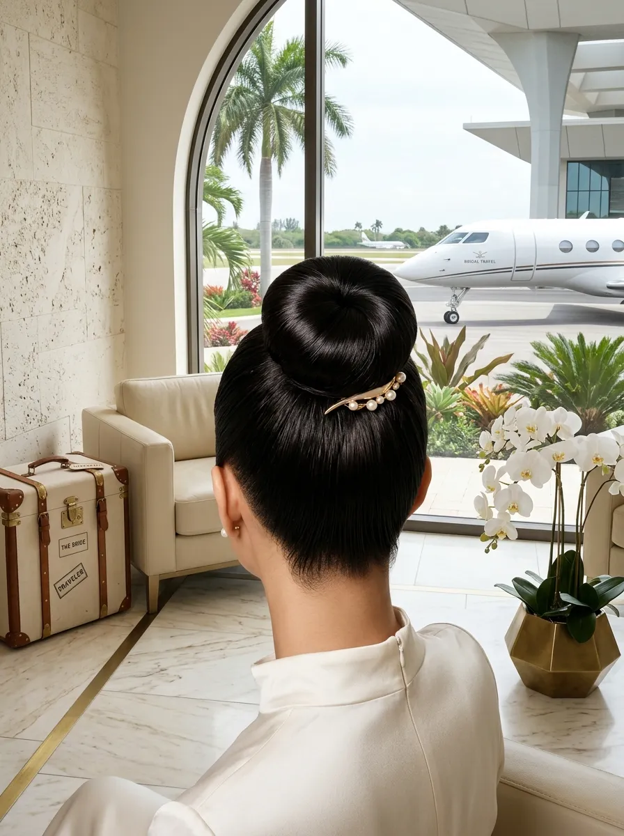 Jet Setter Bun bridal hairstyle idea for destination wedding hairstyles that beat the heat with elegant textured finish
